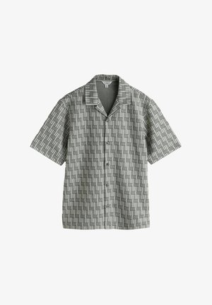 Koszula na guziki z krótkim rękawem, wzór w czarno-białą kratę i kołnierzem typu camp, rozmiar średni.