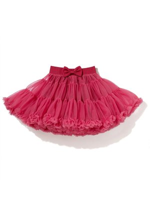 Różowa tiulowa spódnica warstwowa z falbanką u dołu i kokardą na pasku, zaprojektowana dla małego dziecka.