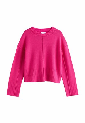 Fuchsia strikket sweater med rund halsudskæring, drop-skuldrer og ribbet kant. Den bløde tekstur og cropped design forstærker dens moderne udseende.