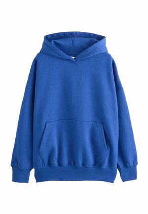 Hoodie bleu en mélange de coton doux, avec une poche avant kangourou, des poignets côtelés, une coupe décontractée et une capuche à cordon.