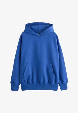 Blue hoodie made of soft cotton blend, featuring a front kangaroo pocket, ribbed cuffs, relaxed fit, and drawstring hood.