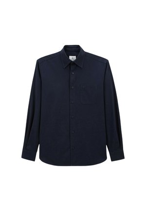 Chemise à manches longues bleu marine, design boutonné, poche poitrine, col et texture lisse. Possède un ourlet droit et des poignets standards.