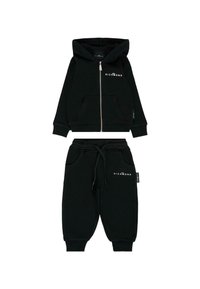 Zwarte katoenen trainingspak met een rits hoodie met voorzakken en elastische manchetten, gecombineerd met bijpassende joggingbroek en een taille met trekkoord.