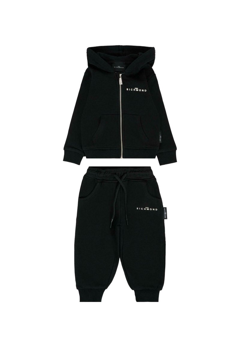 Zwarte katoenen trainingspak met een rits hoodie met voorzakken en elastische manchetten, gecombineerd met bijpassende joggingbroek en een taille met trekkoord.