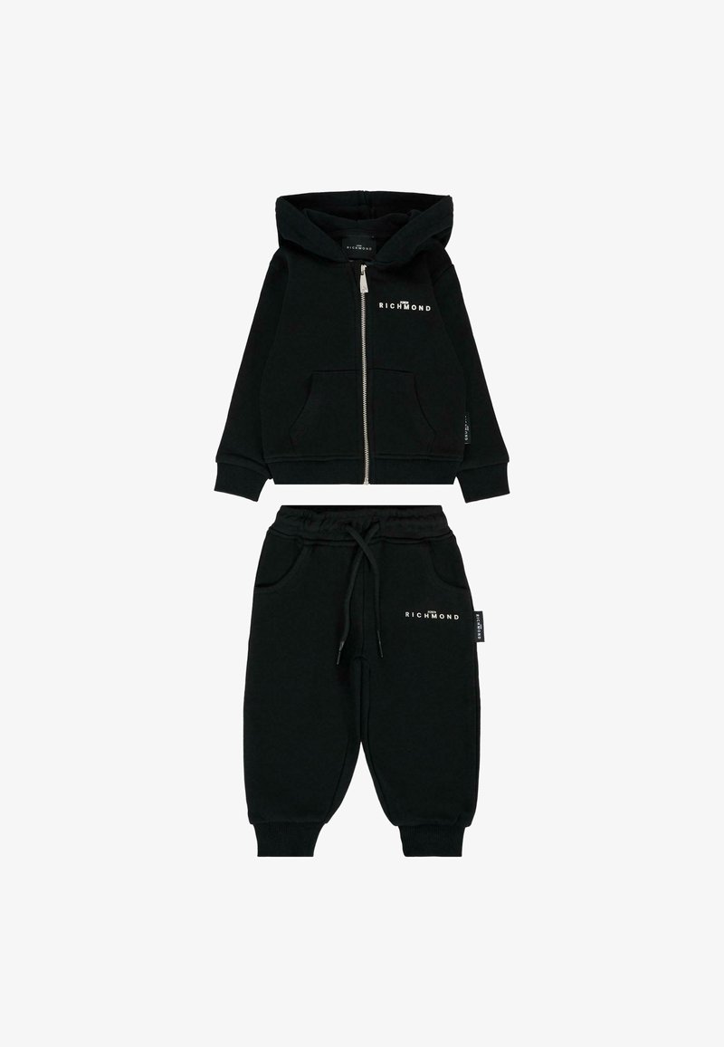 Zwarte katoenen trainingspak met een rits hoodie met voorzakken en elastische manchetten, gecombineerd met bijpassende joggingbroek en een taille met trekkoord.