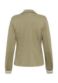 Olive green jacket with a structured design, featuring a collar, long sleeves, and striped cuffs. Smooth texture with tailored seams.