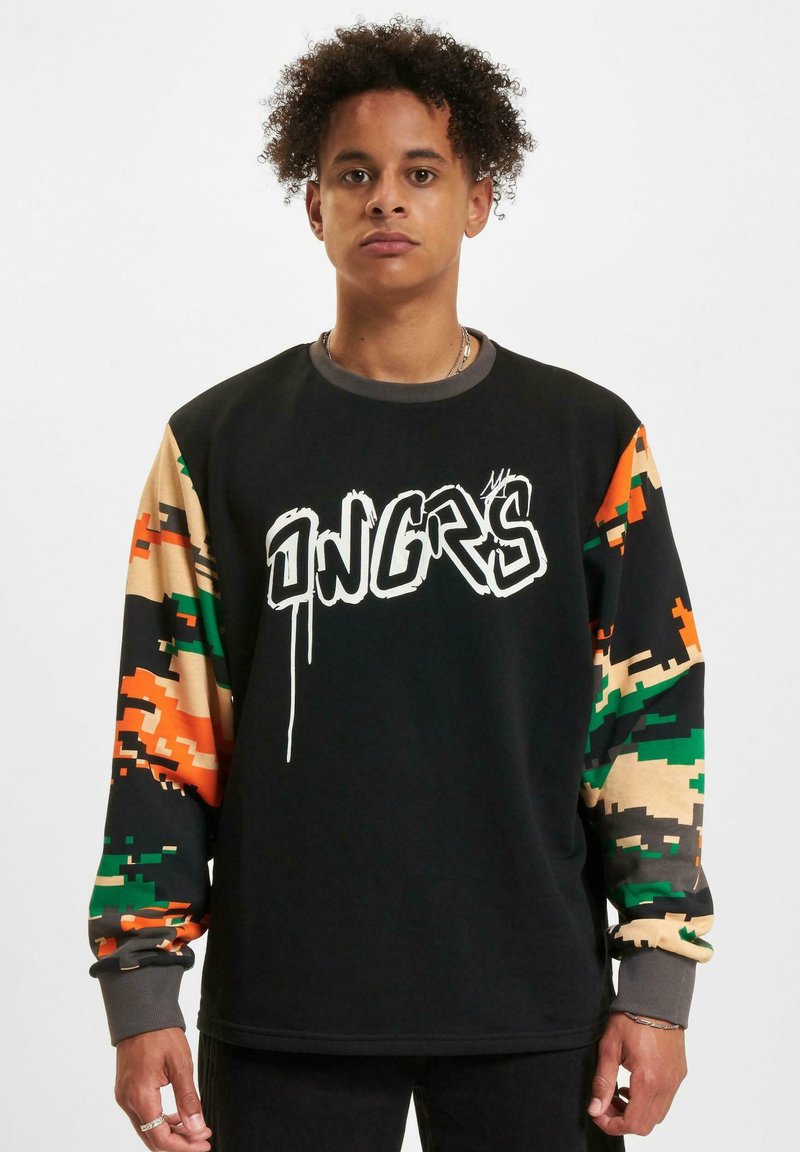 Black sweatshirt with multicolored camo sleeves, featuring graphic text "ONGRS" in white, crew neck, and ribbed cuffs.