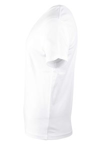 Biała bawełniana koszulka z okrągłym dekoltem, krótkimi rękawami i prostym dołem. Gładka tekstura bez wzorów czy grafik.