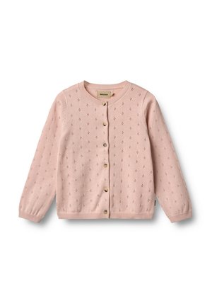 Cardigan rose clair en tissu tricoté, avec un col rond, une fermeture à boutons sur le devant et un motif décoratif avec de petits trous.