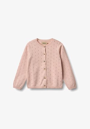 Hellrosa Strickjacke aus gestricktem Stoff, mit rundem Halsausschnitt, Knopfverschluss und dekorativem Muster mit kleinen Löchern.