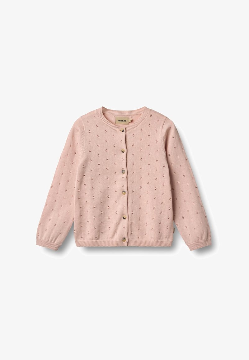 Hellrosa Strickjacke aus gestricktem Stoff, mit rundem Halsausschnitt, Knopfverschluss und dekorativem Muster mit kleinen Löchern.