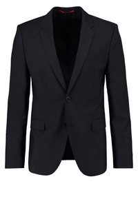 Donkerblauwe blazer van textuurstof met een slim fit. Heeft een enkele knoopsluiting, twee voorkruiken en geknipte revers.