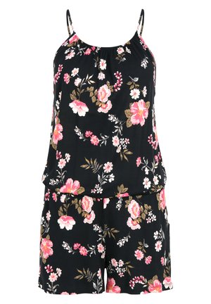 Mono corto negro con flores rosas y blancas. Tejido ligero, tirantes ajustables y diseño holgado. Cuenta con bolsillos.