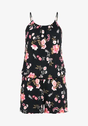 Mono corto negro con flores rosas y blancas. Tejido ligero, tirantes ajustables y diseño holgado. Cuenta con bolsillos.