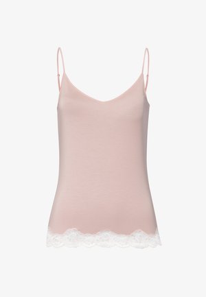Camiseta sin mangas de color rosa claro con tirantes delgados ajustables, escote en forma de V y un borde de encaje blanco en el dobladillo. Tela suave con una textura lisa.