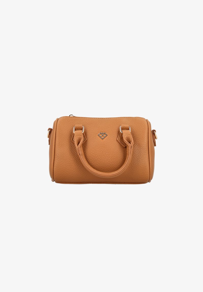 Karamelbruine leren handtas met een gestructureerde afwerking, ronde vorm, dubbele handvatten en een klein diamanten embleem aan de voorkant. Zilveren hardware accenten.