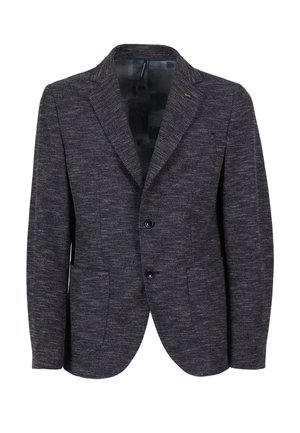 Heren donkergrijze blazer van getextureerde stof, met twee voorzakken, gelapte revers en een enkele knoopsluiting. Gevoerde binnenzijde met een subtiel patroon.