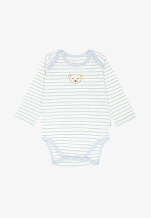 Lange mouw baby rompertje in lichtblauw met witte strepen, met een geborduurde berenkop op de borst en drukknoopsluitingen aan de onderkant.