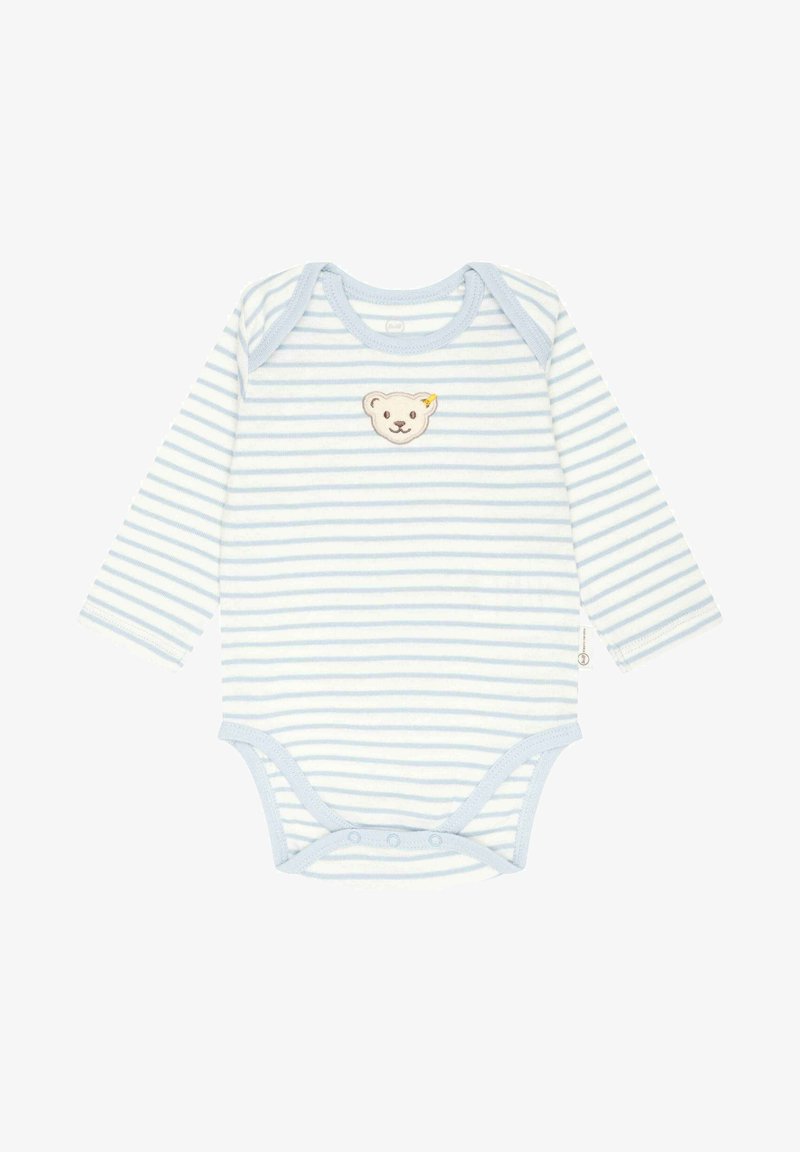 Bodysuit per neonati a maniche lunghe in blu chiaro e bianco a righe, con ricamo di una faccia d'orso sul petto e chiusure a scatto sul fondo.