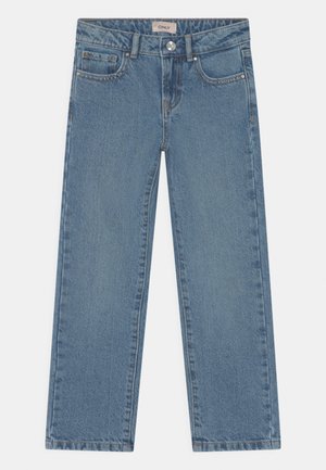 Blauwe high-waist jeans met rechte pijpen, voorzien van knopen aan de voorkant, riemlussen, voor- en muntzakken, met het label "ONLY" op de tailleband.