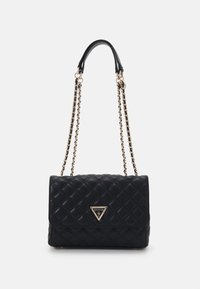 Quilted black leather handbag with chain straps and gold hardware, featuring a triangular logo plate on the front and a flap closure.