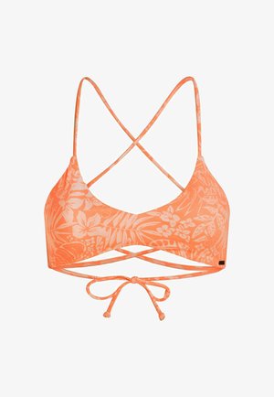 Oranž topist bikiinid ristatud tagumiste rihmadega, millel on lillemustriga, sile pind ja tagant sõlmitav sulgur.