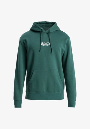Dunkelgrüner Kapuzenpullover aus strukturiertem Material, mit einer Fronttasche und einem Logo auf der Brust, ausgestattet mit einer Kordel für die Anpassung der Kapuze.
