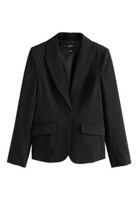 Černé šité sako z hladké látky. Má klopu s výřezem, zapínání na jeden knoflík, dvě přední kapsy a strukturovaný střih.