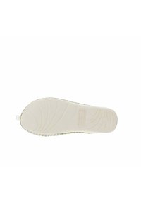 Semelle extérieure blanche avec un motif texturé, présentant un upper vert clair et fleuri. Petite boucle au niveau du talon, conçue pour le confort et le soutien.