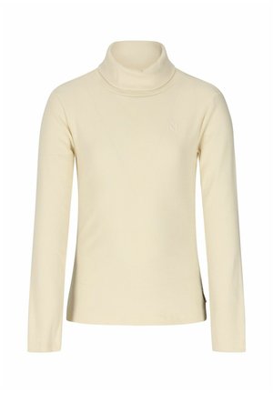 Pull beige à col roulé manches longues avec une texture côtelée subtile et un petit logo embossé "RJ" sur la poitrine haute.