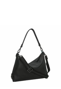 Borsa a tracolla nera in pelle con forma triangolare, tracolla regolabile e hardware in argento. Presenta una superficie texture e una chiusura con cerniera.