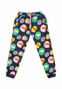 Pantalones de chándal azul marino con un patrón abstracto multicolor. Presentan una cinturilla elástica, cordón y bolsillos laterales. Tejido suave, pierna ajustada.