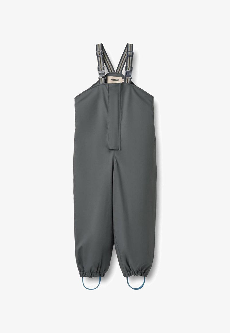 Grijze waterdichte overall met verstelbare gestreepte bretels en elastische enkels. Eenvoudig ontwerp met een rechte pasvorm en minimale details.