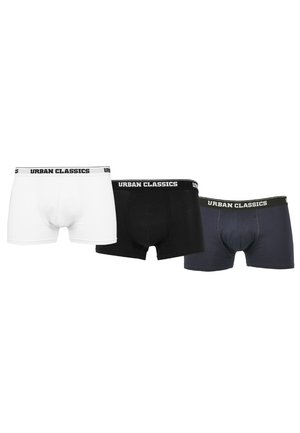 Drei Paar Herrenboxershorts in Weiß, Schwarz und Dunkelgrau mit einem elastischen Bund, der mit dem "URBAN CLASSICS" Logo in Weiß bedruckt ist.