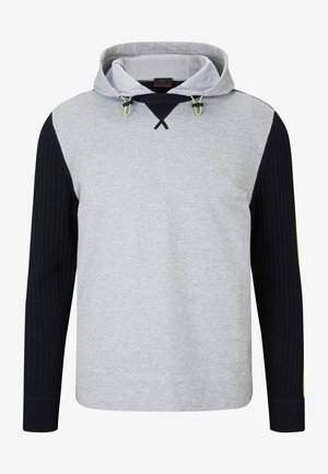 Gray hoodie with black ribbed long sleeves and neon green drawstring accents.
