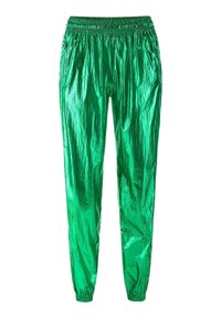 Shiny green jogger pants made of lightweight material, featuring an elastic waistband and tapered cuffs. Smooth texture with reflective surface.