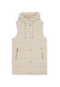 Chaleco acolchado beige con capucha, que presenta un bolsillo lateral con cremallera y herrajes en tono dorado. Textura suave con un acolchado horizontal.