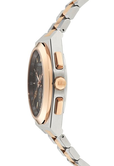 Orologio in acciaio inossidabile e oro rosa con quadrante scuro, cassa ottagonale e bracciale in metallo spazzolato con dettagli e pulsanti lucidati.