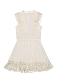 Αμάνικο λευκό φόρεμα με λεπτομέρειες δαντέλας στους ώμους, τη μέση και το κάτω μέρος, με φούστα με βολάν και κλείσιμο με φερμουάρ στο πίσω μέρος.