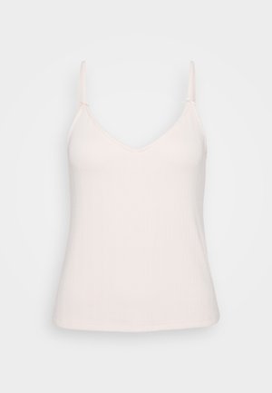Lys rosa, ribbet tanktopp med justerbare tynne stropper og V-halsdesign, med en tettsittende silhuett og glatt tekstur.