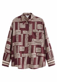 Chemise boutonnée couleur marron avec des motifs linéaires blancs, dotée d'un col à revers, de manches longues et d'une poche poitrine unique.