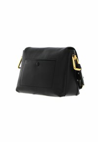 Schwarze Lederhandtasche mit strukturierter Oberfläche, Reißverschluss, kleiner Außentasche und goldenen Metallakzenten.