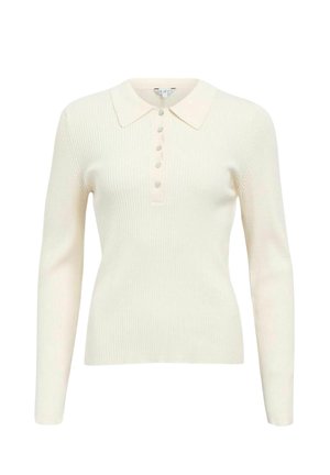 Pull polo crème à manches longues côtelé avec col et patte de boutonnage. Caractérisé par une texture douce et une coupe ajustée.