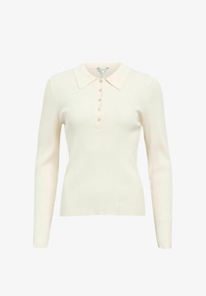 Kremowy prążkowany sweter polo z długim rękawem, kołnierzykiem i plisą z guzikami. Charakteryzuje się miękką fakturą i dopasowanym krojem.