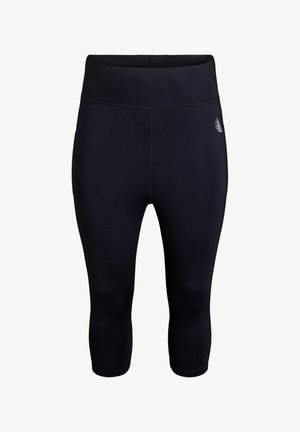Black capri leggings made of stretchy fabric with a smooth texture, featuring a high waistband and subtle logo detail on the side.