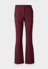 Pantalones burgundy ajustados con dobladillo acampanado, fabricados en tejido entrelazado, con una cintura entallada y un sutil detalle de costura frontal.