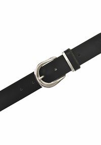 Ceinture en cuir noir avec une boucle en métal argenté. La ceinture comporte plusieurs trous d'ajustement et une finition lisse et texturée.