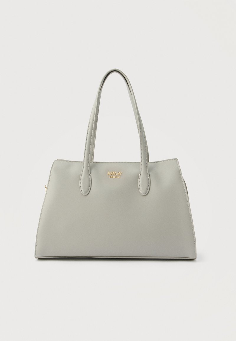 Γκρι δερμάτινη τσάντα χειρός με δύο λουριά ώμου και χρυσό λογότυπο "REPLAY" στο κέντρο μπροστά.