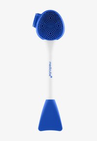 Blauer Silikonpinsel mit einem strukturierten runden Kopf und einem flachen dreieckigen Griff. Verfügt über erhabene Punkte für besseren Halt. Weißer Griff mit blauen Akzenten.