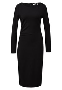 Schwarzes langärmliges Kleid aus glattem Stretchstoff, mit rundem Halsausschnitt und einem Reißverschluss auf der Rückseite. Figurbetonte Silhouette.